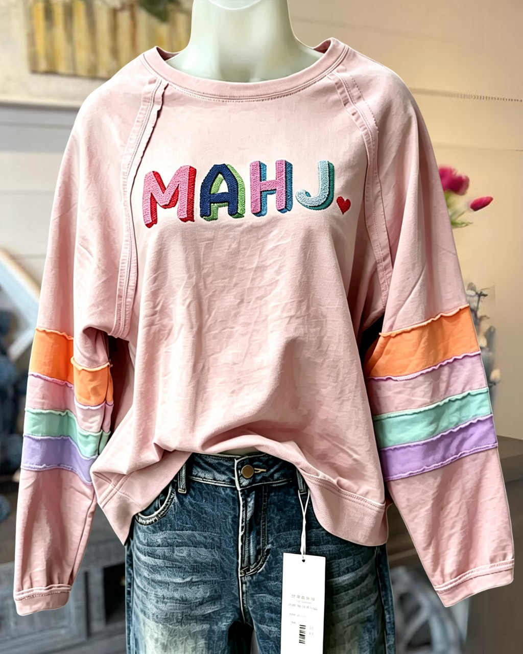 MAHJ Embroidered Color-Blocked Sleeve Pullover