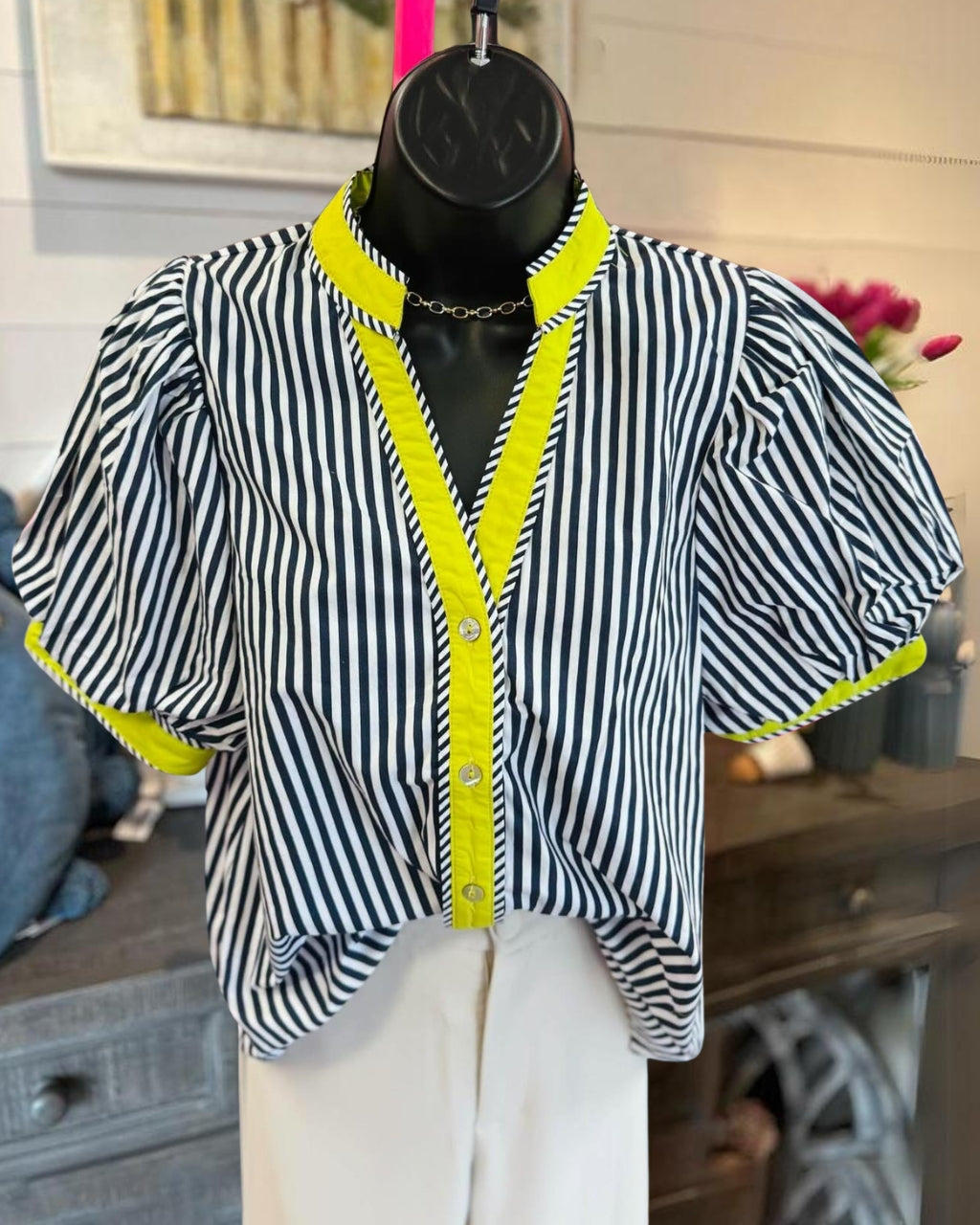 Lemon Puff Sleeve Striped Top