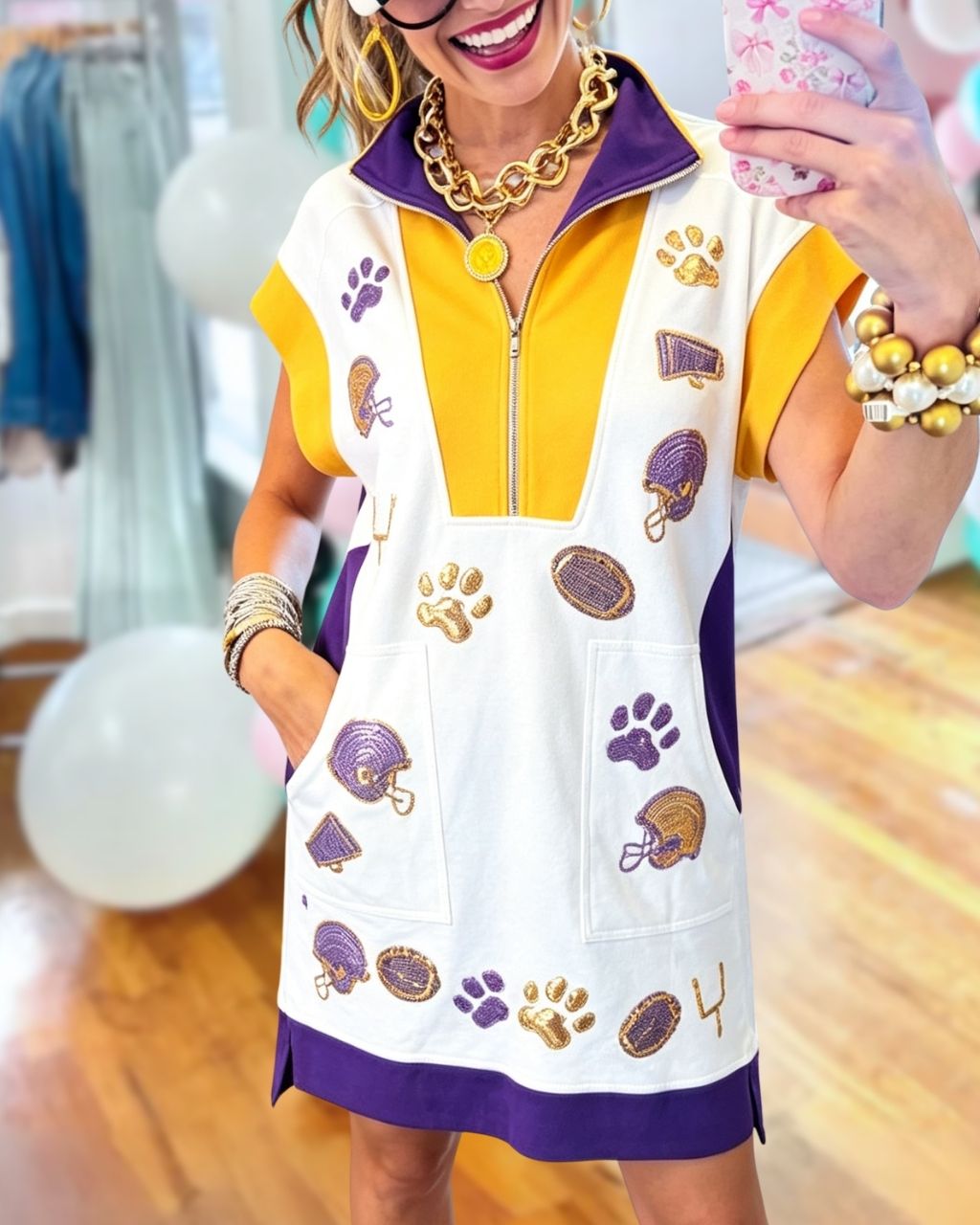 Football Paw Print Sequin Half Zip Dress