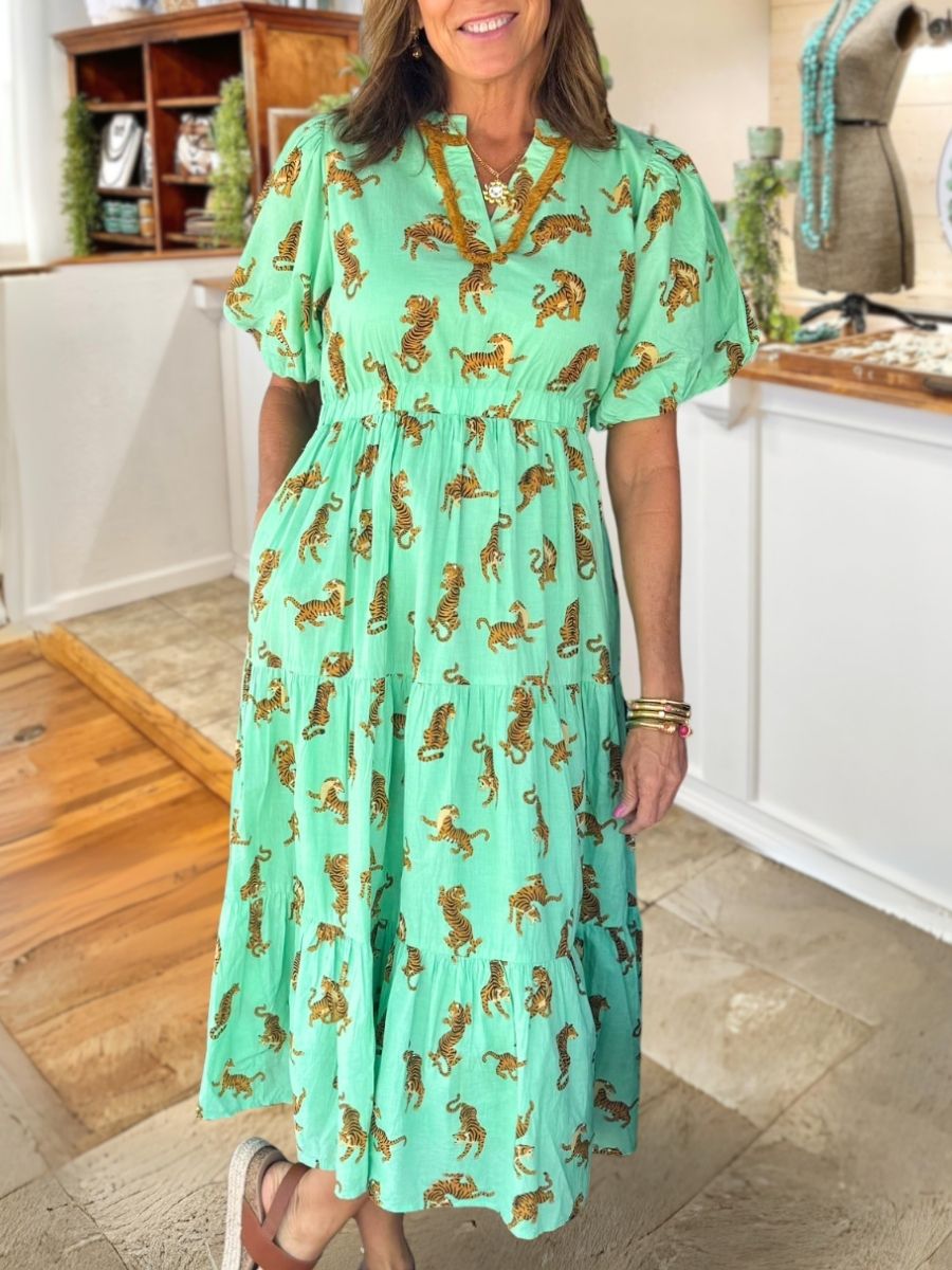 All-Over Tiger Print Puff Sleeve Dress