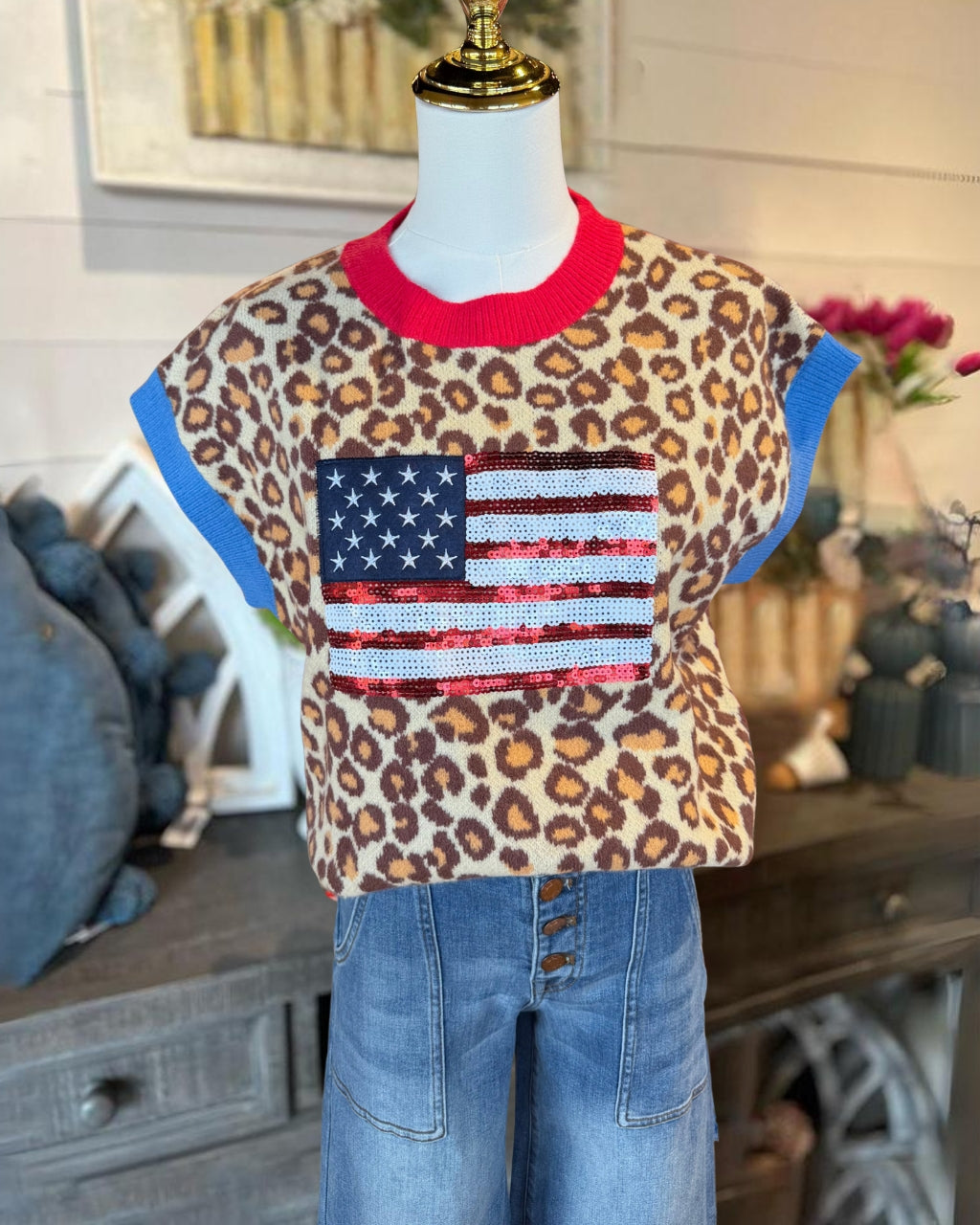 Flag Sequins Leopard Tee