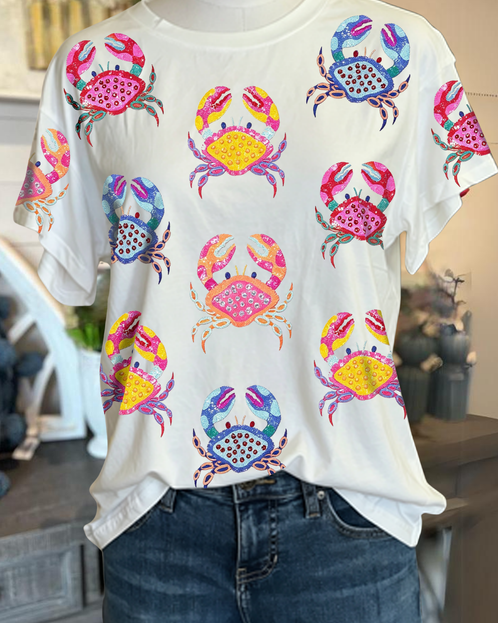 Multicolor Scattered Crab Sequin Tee