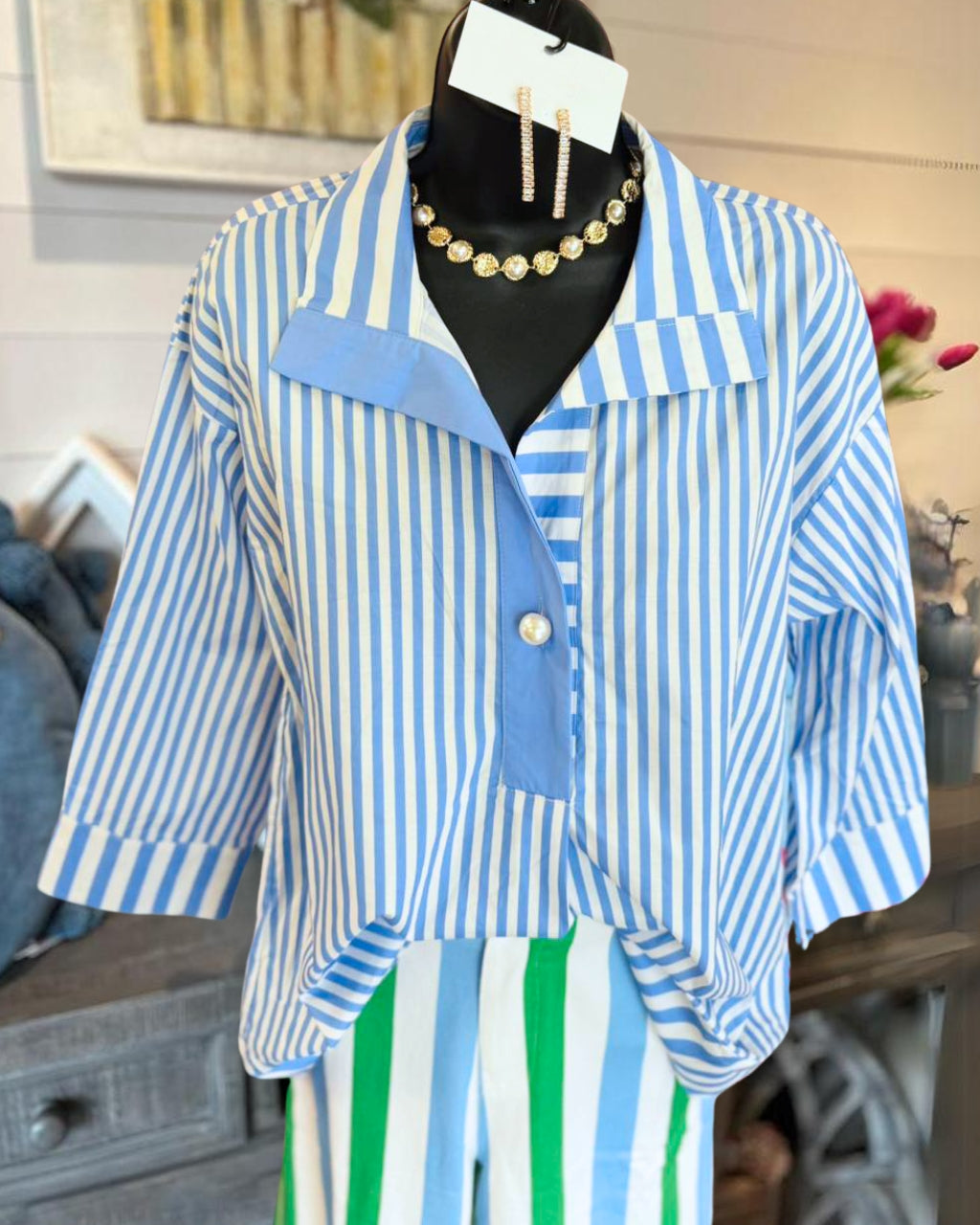 Three-quarter Sleeve Striped Top