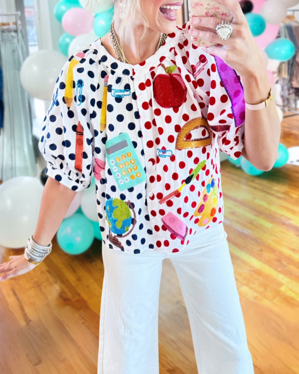 Polka Dot Stationery Sequined Satin Shirt