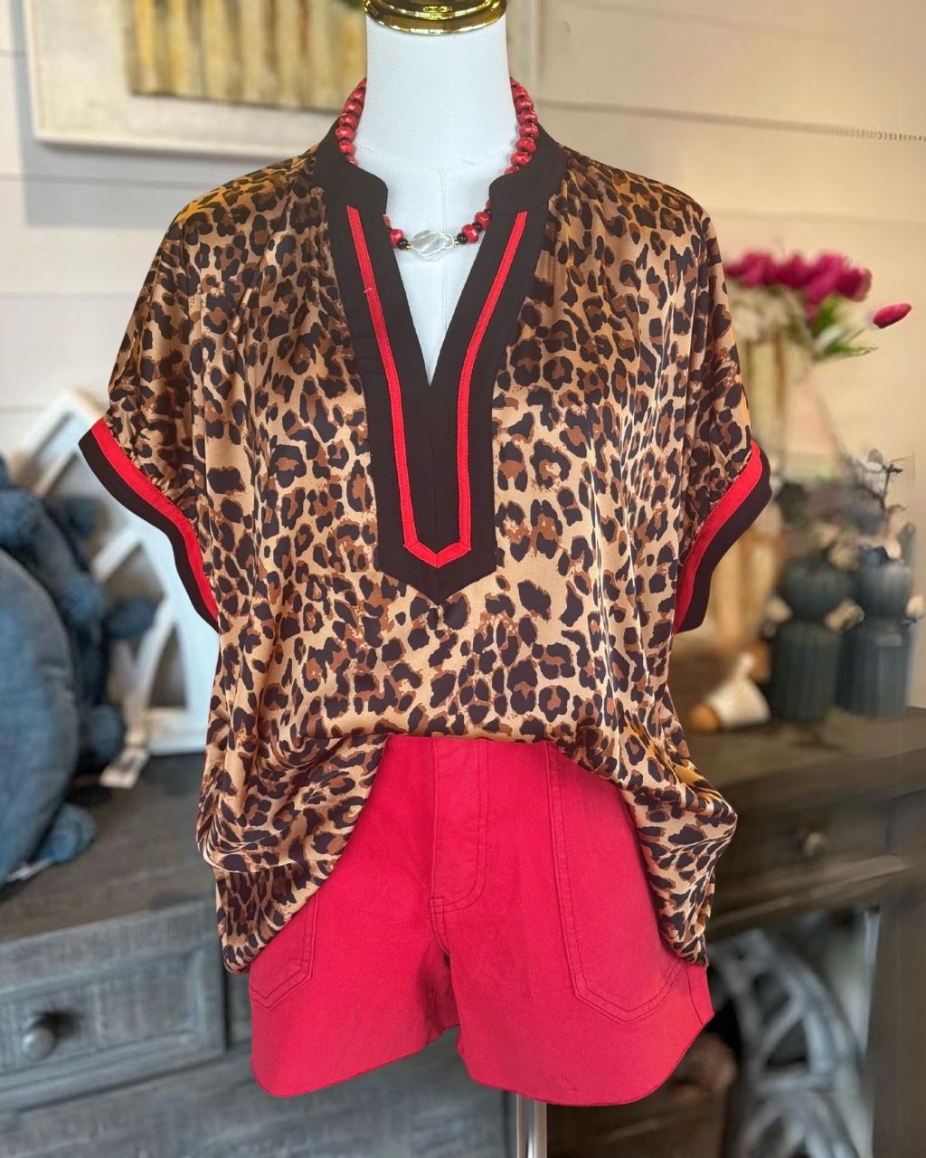 Leopard Satin V-neck Top
