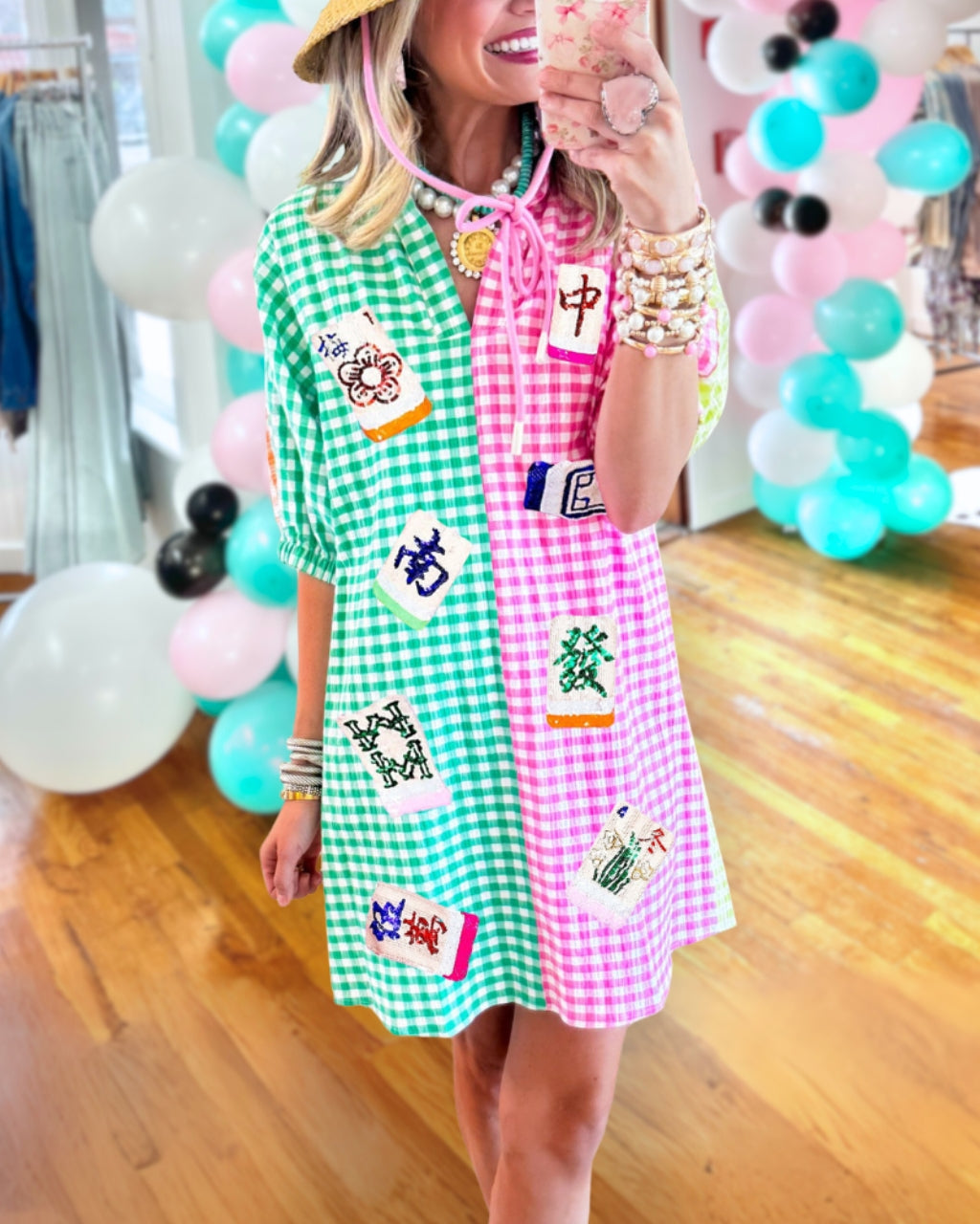 Mahjong Sequined Contrast Plaid Dress