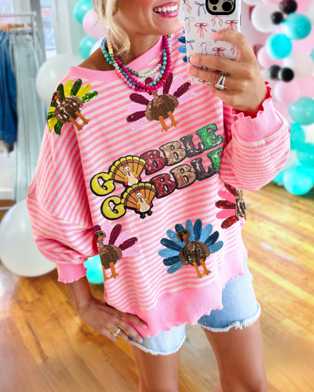 Playful Gobble Turkey Sequin Sweatshirt