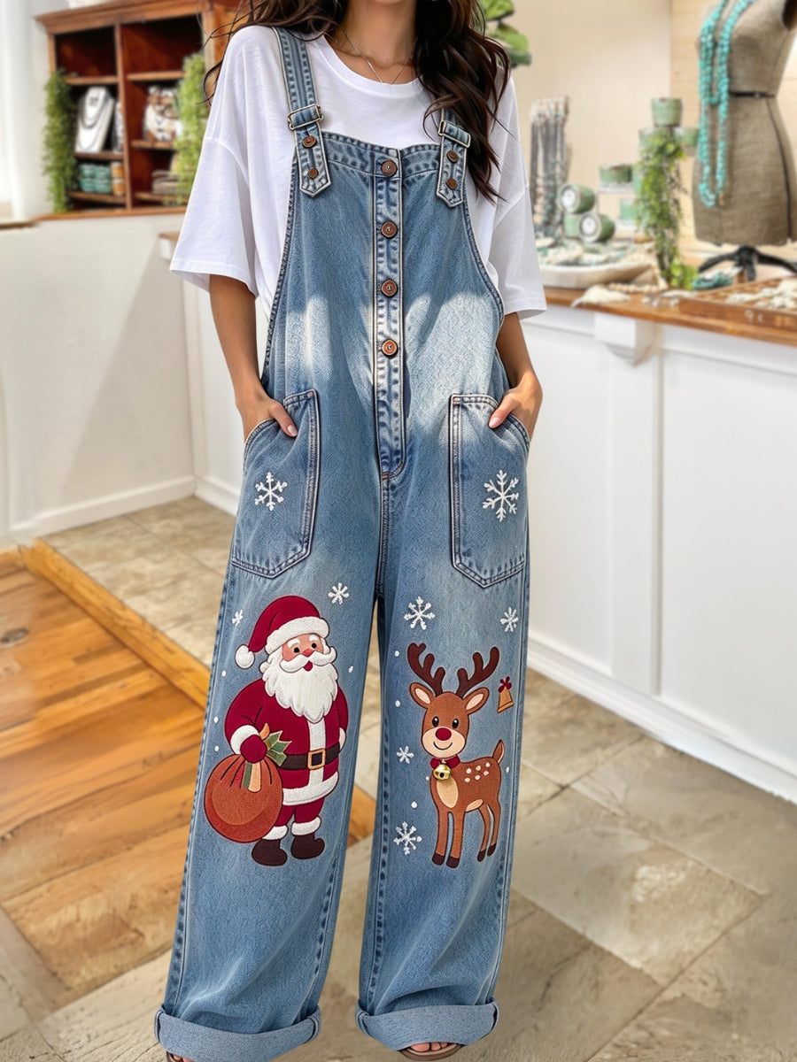 Santa Claus Reindeer Denim Overalls