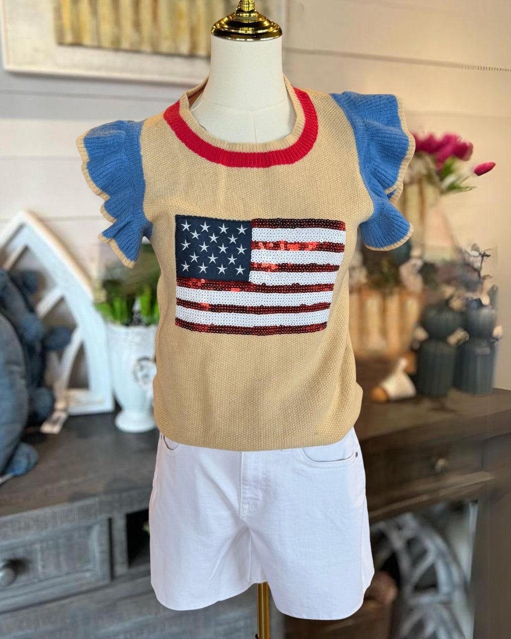 Ruffled Sleeves Sequin Flag Top