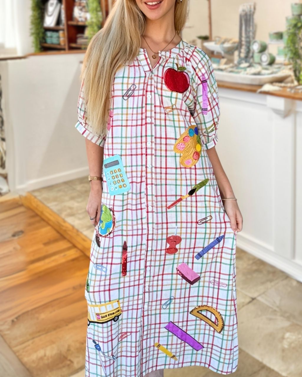 School Supplies Sequined Plaid Shirt Dress