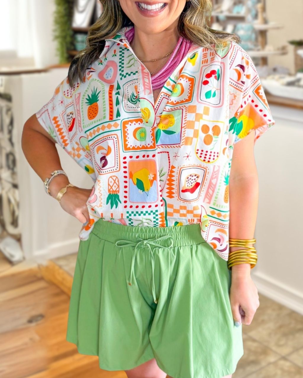 Playful Fruit V-Neck Satin Top