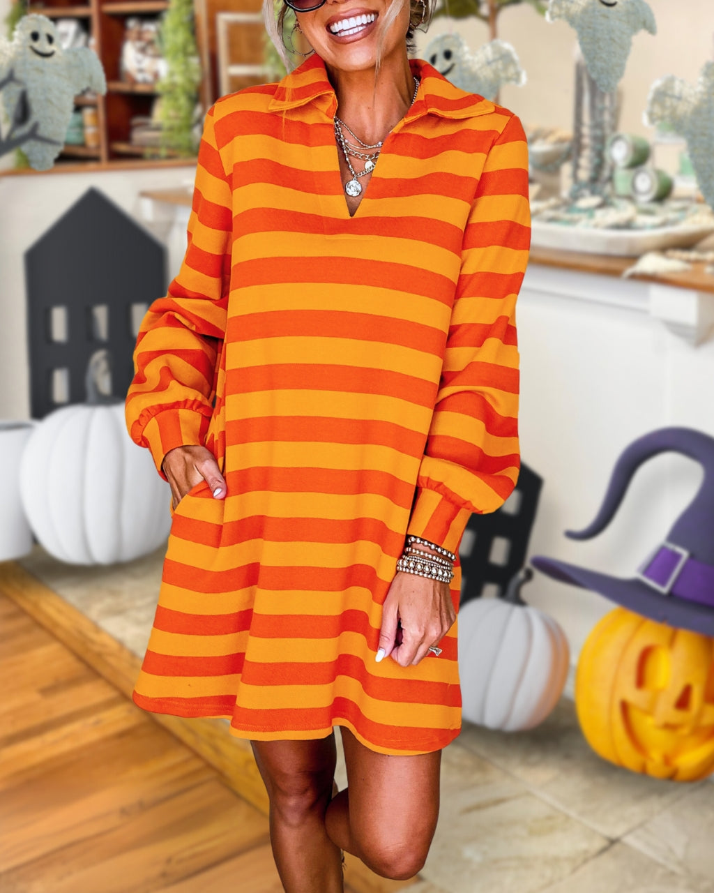 Fun Halloween Striped Collar Dress