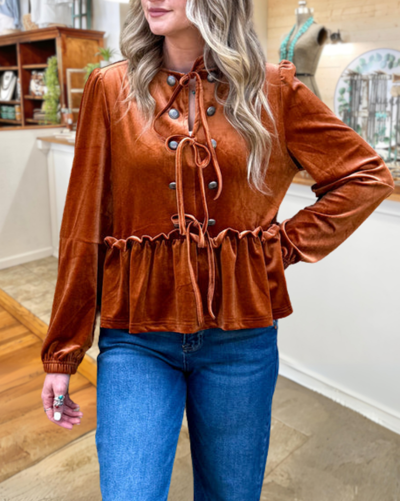 Elegant Lace-Up Velvet Blouse