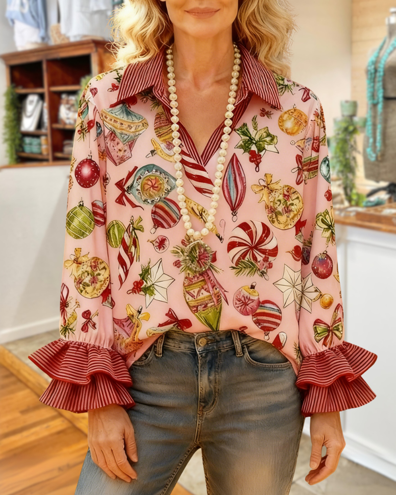 Christmas Themed Gift Striped Trim Top