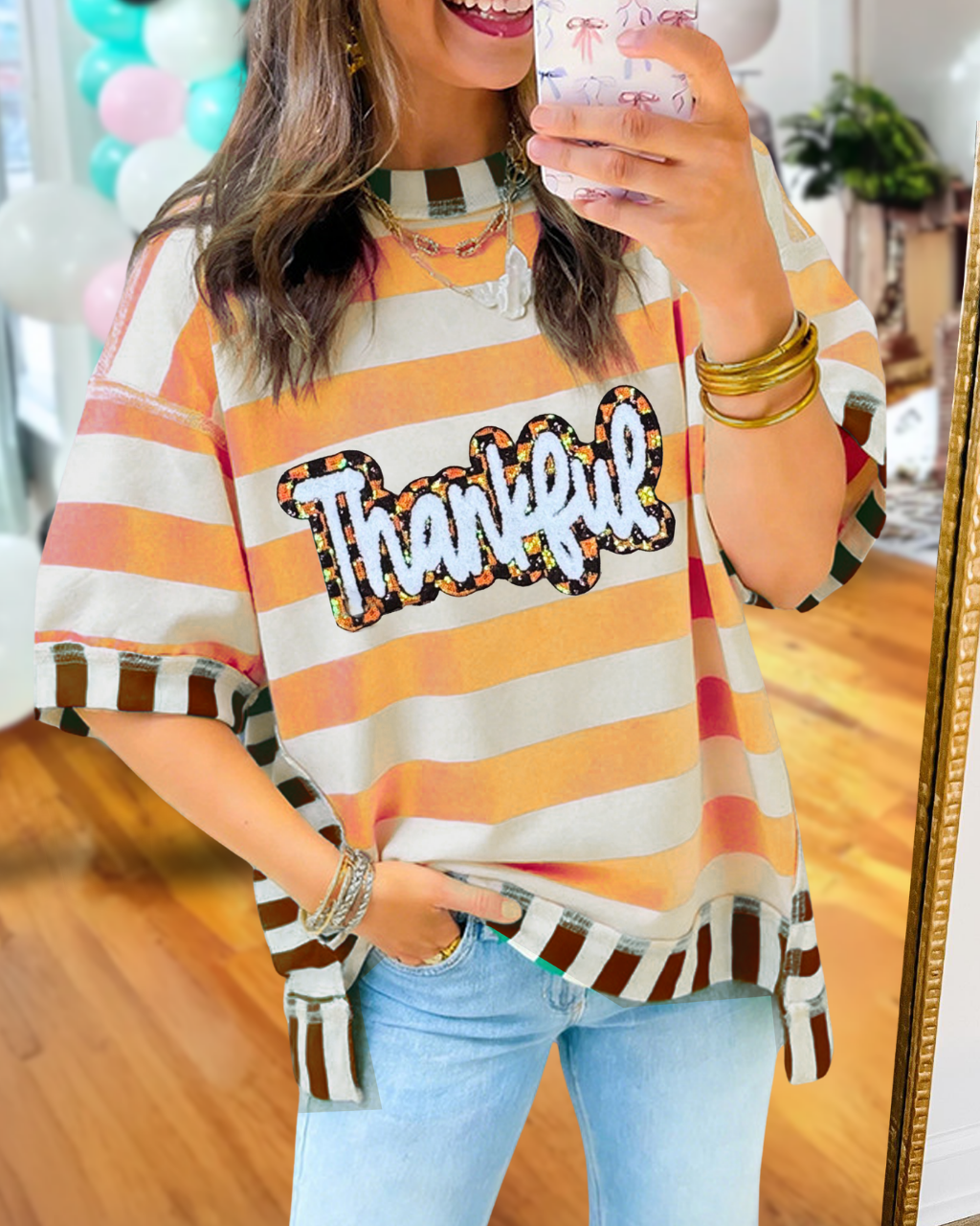 Thankful Thanksgiving Striped Sequin T-shirt