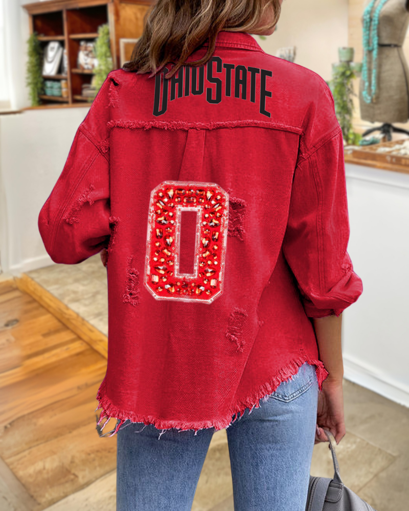 OHIO Sequined Distressed Denim Jacket