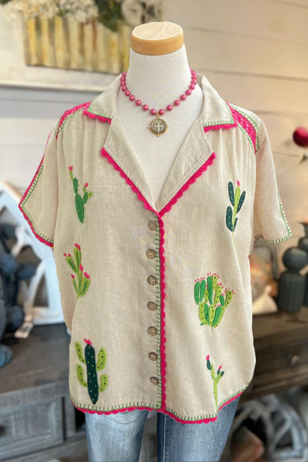 Jane Blouse Cactus Embroidery in Cream
