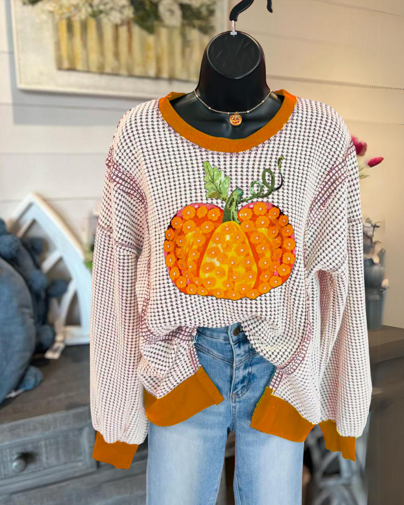 Sequin Pumpkin Waffle Knit Sweatshirt