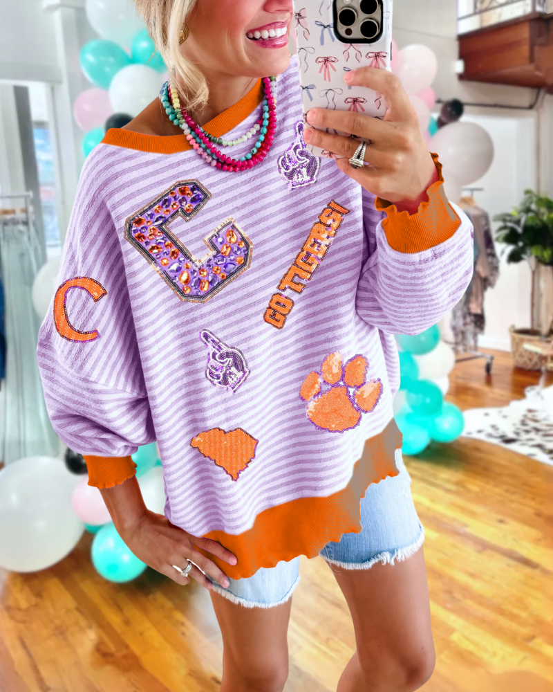 Sparkled Clemson Tigers Striped Sweatshirt