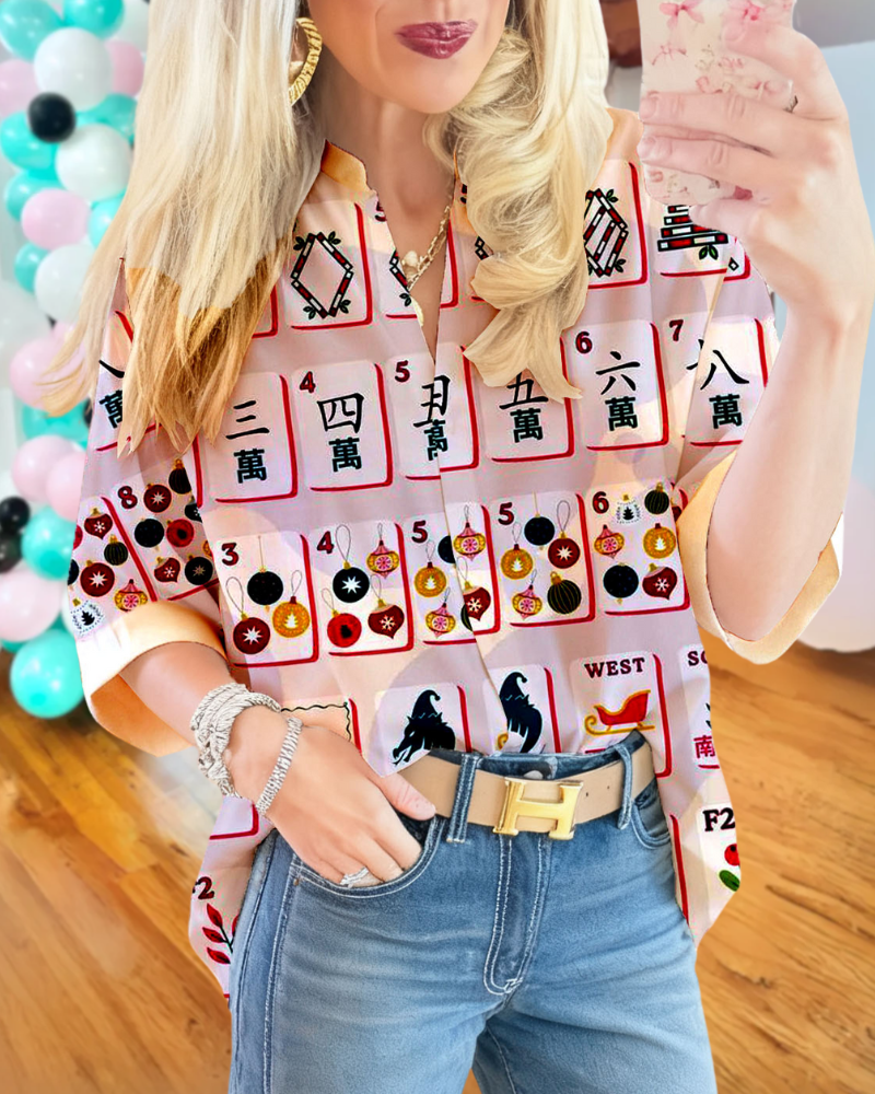 Fun Mahjong Satin V-Neck Top
