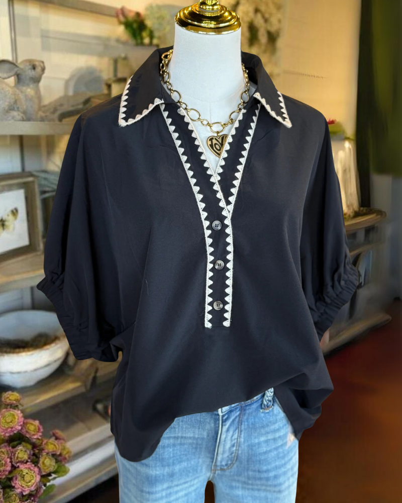 Wavy Stripes Trim V-neck Satin Top