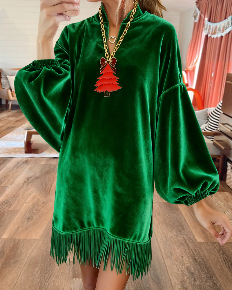 Velvet Tassel V-Neck Mini Dress