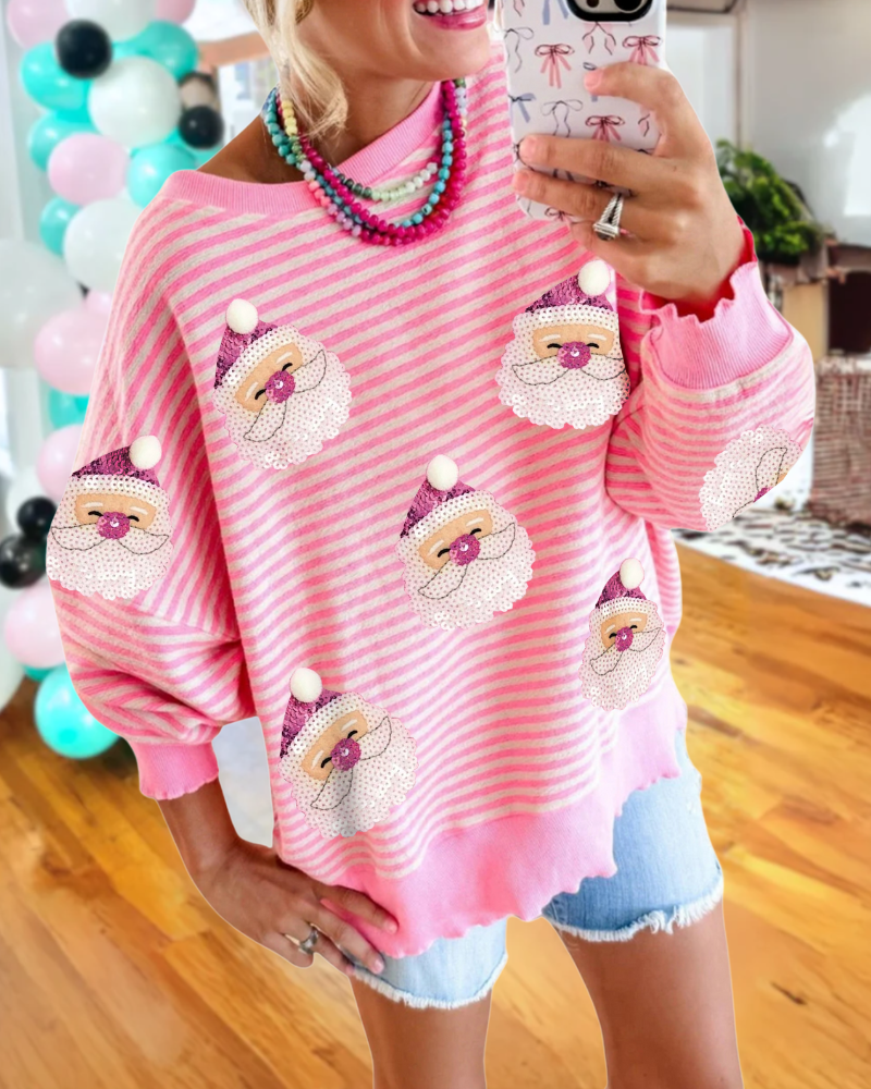 Fun Sequin Santa Striped Sweatshirt