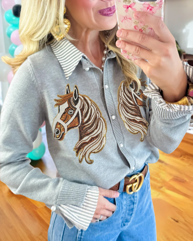 Trendy Horse Sequined Knitted Cardigan