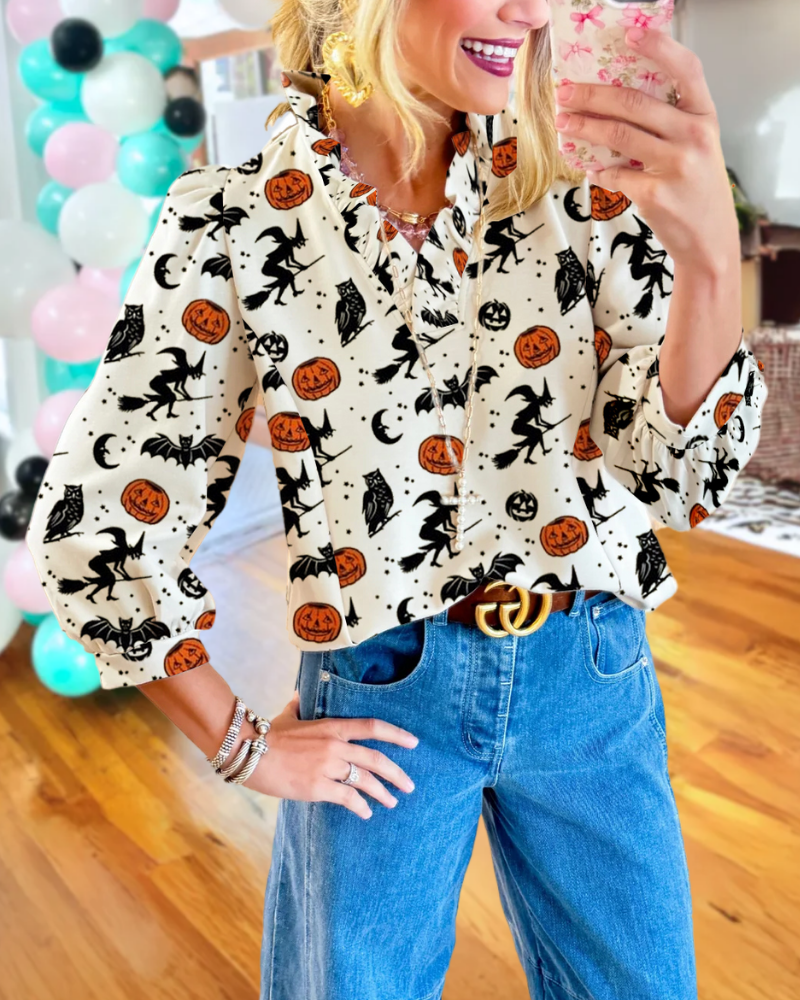 Fun Halloween Witch Bat Pumpkin Satin Top