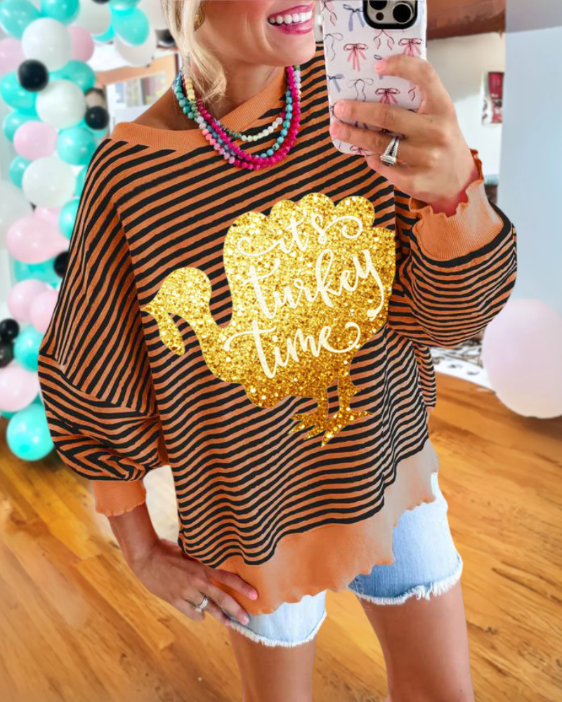 Thanksgiving Turkey Sequin Striped Sweatshirt