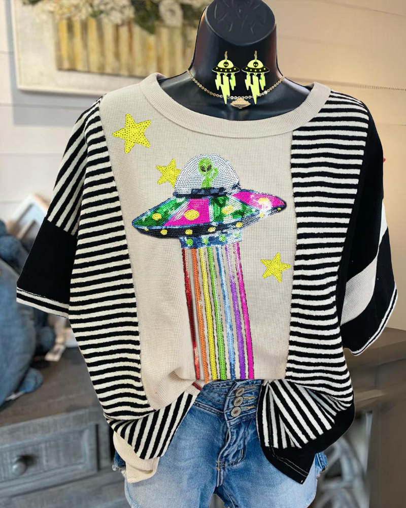 Colorful UFO Sequin Striped T-shirt