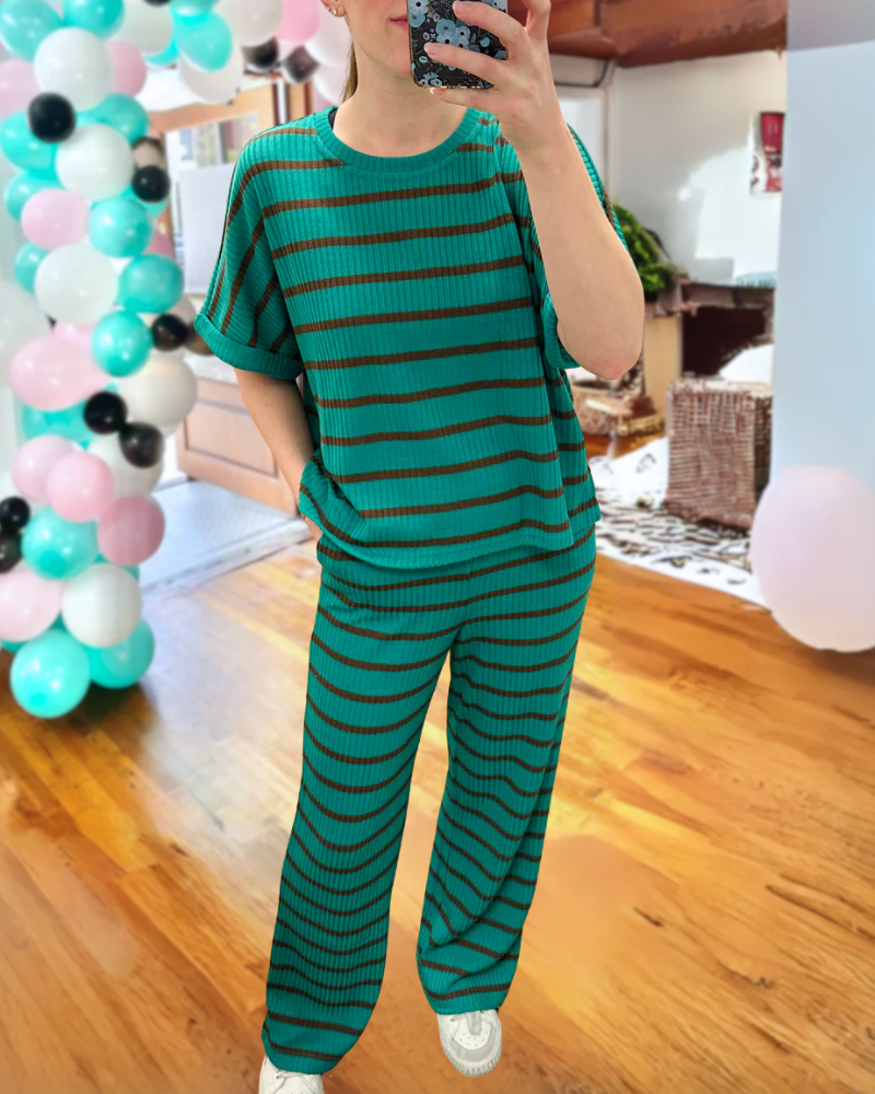 Casual Striped Crew Neck Set