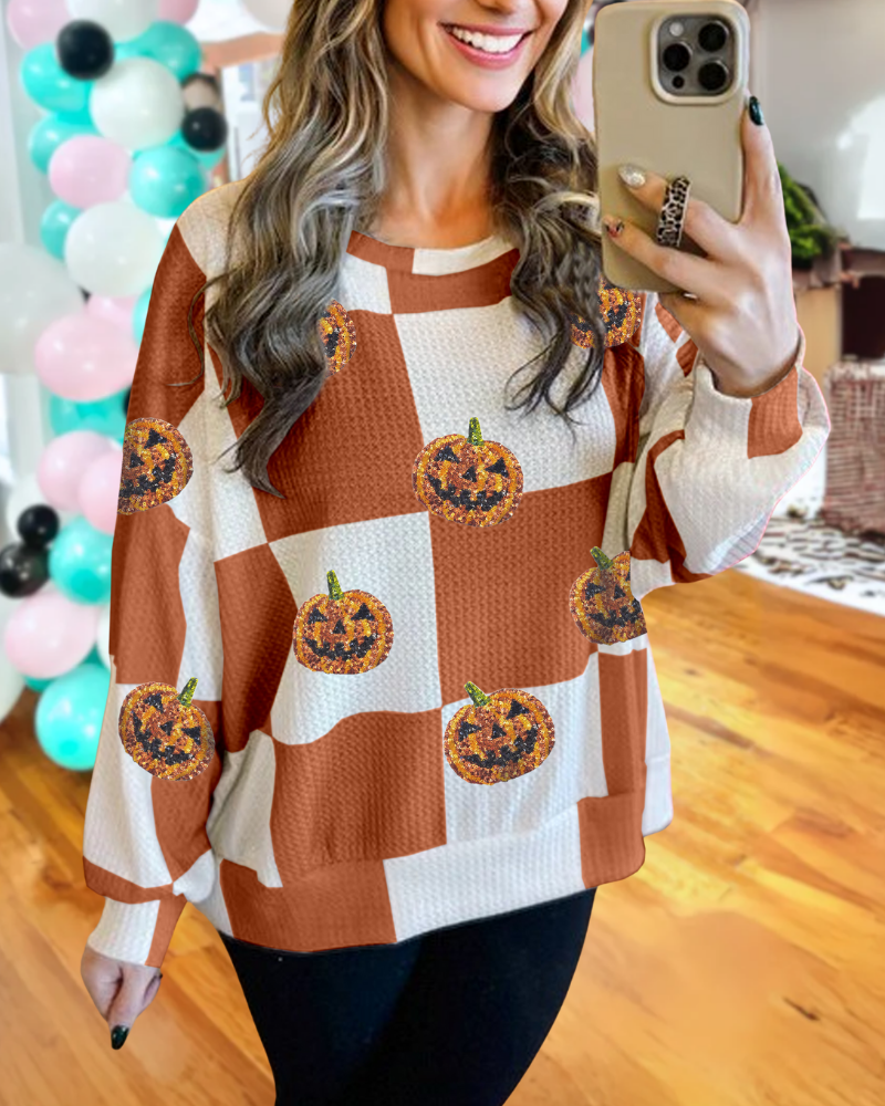 Halloween Sequin Pumpkin Checkered Sweatshirt