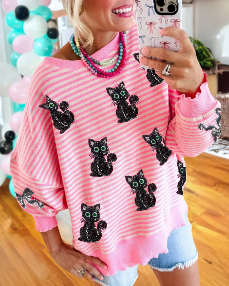 Whimsical Sparkly Black Cat Striped Pullover
