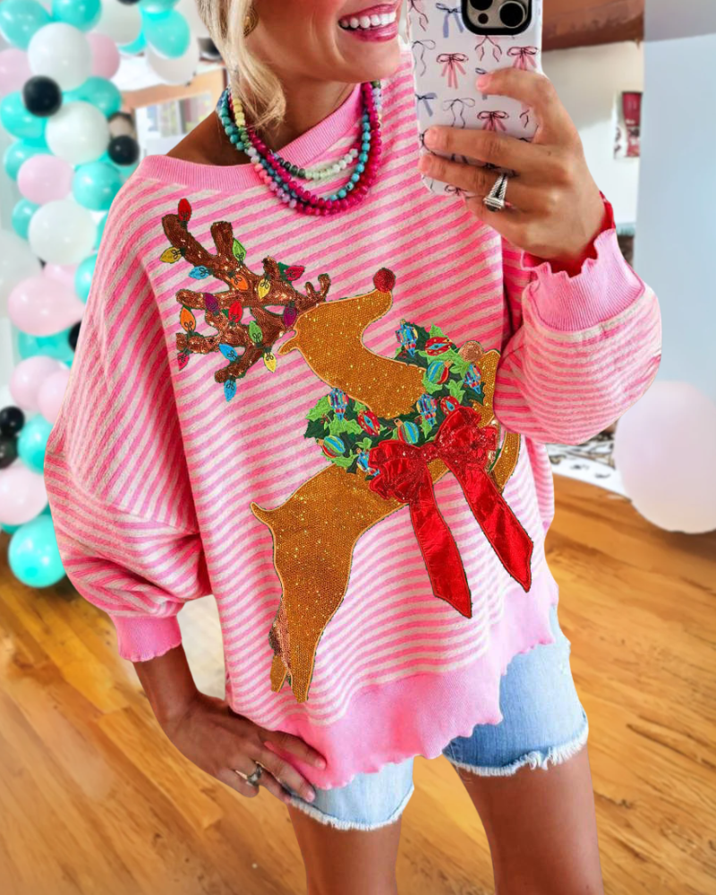 Reindeer Embroidered Striped Sweatshirt
