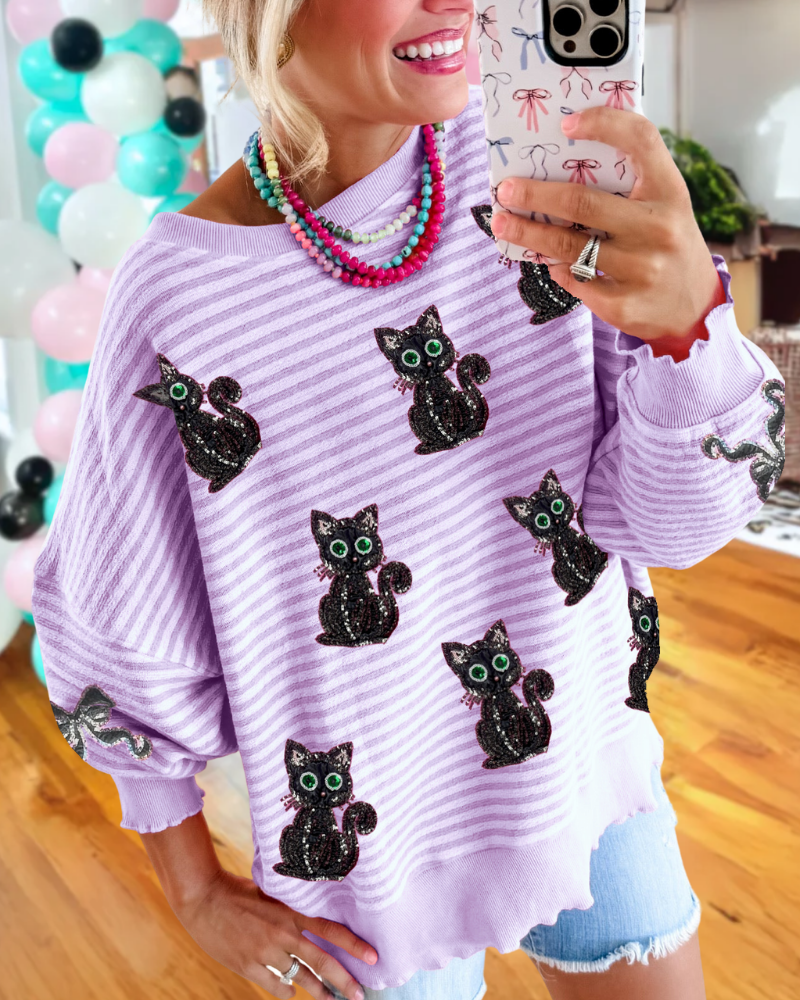 Whimsical Sparkly Black Cat Striped Pullover