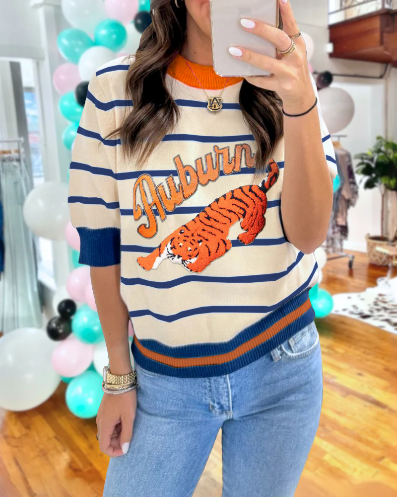 Auburn Tiger Embroidered Striped Sweater