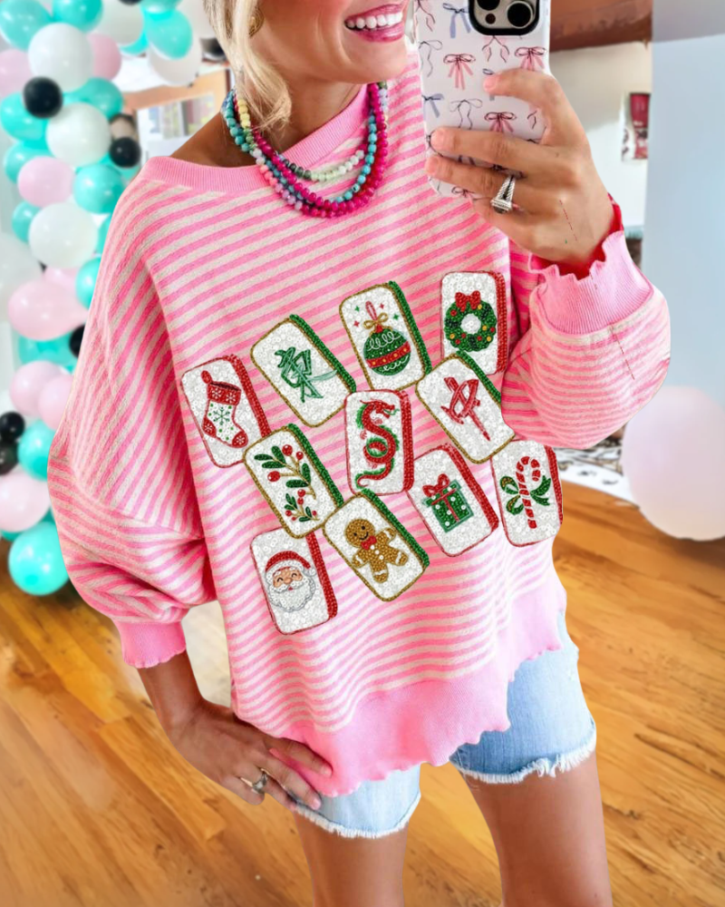 Christmas Mahjong Striped Sweatshirt