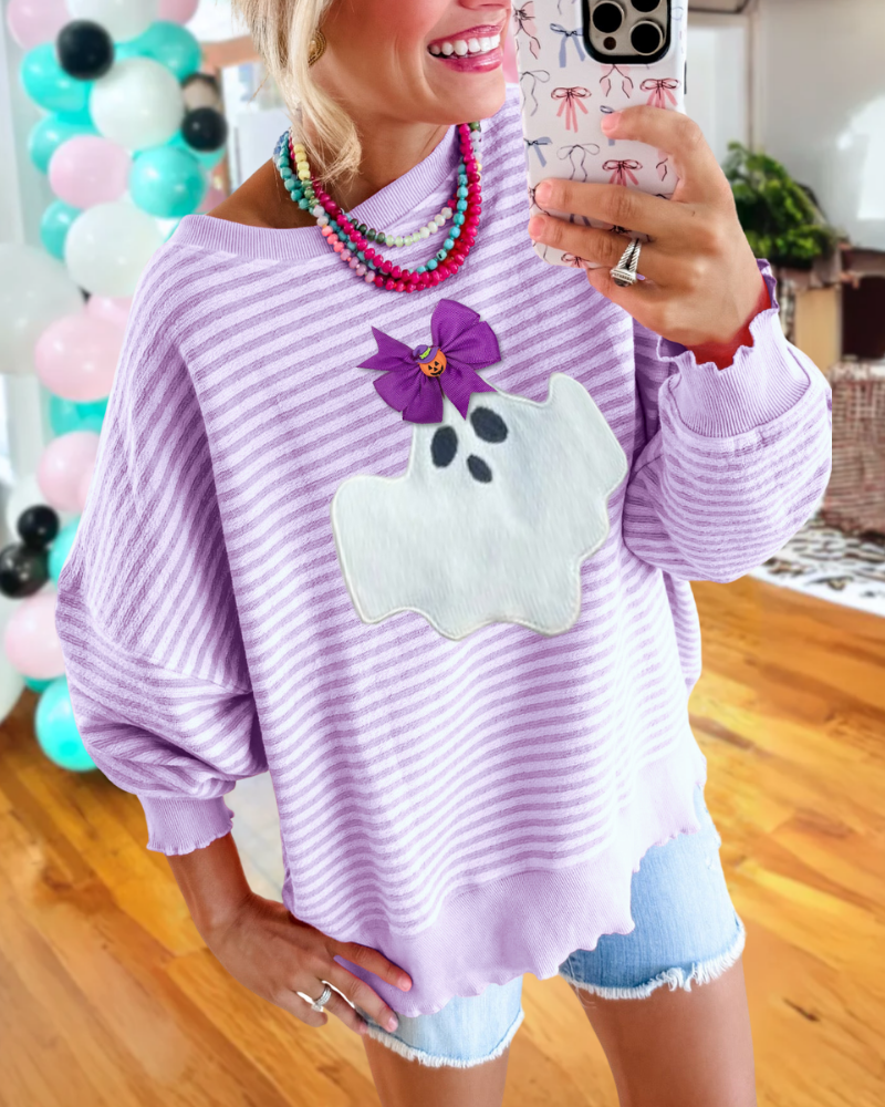 Halloween Ghost Bow Embellished Striped Sweatshirt