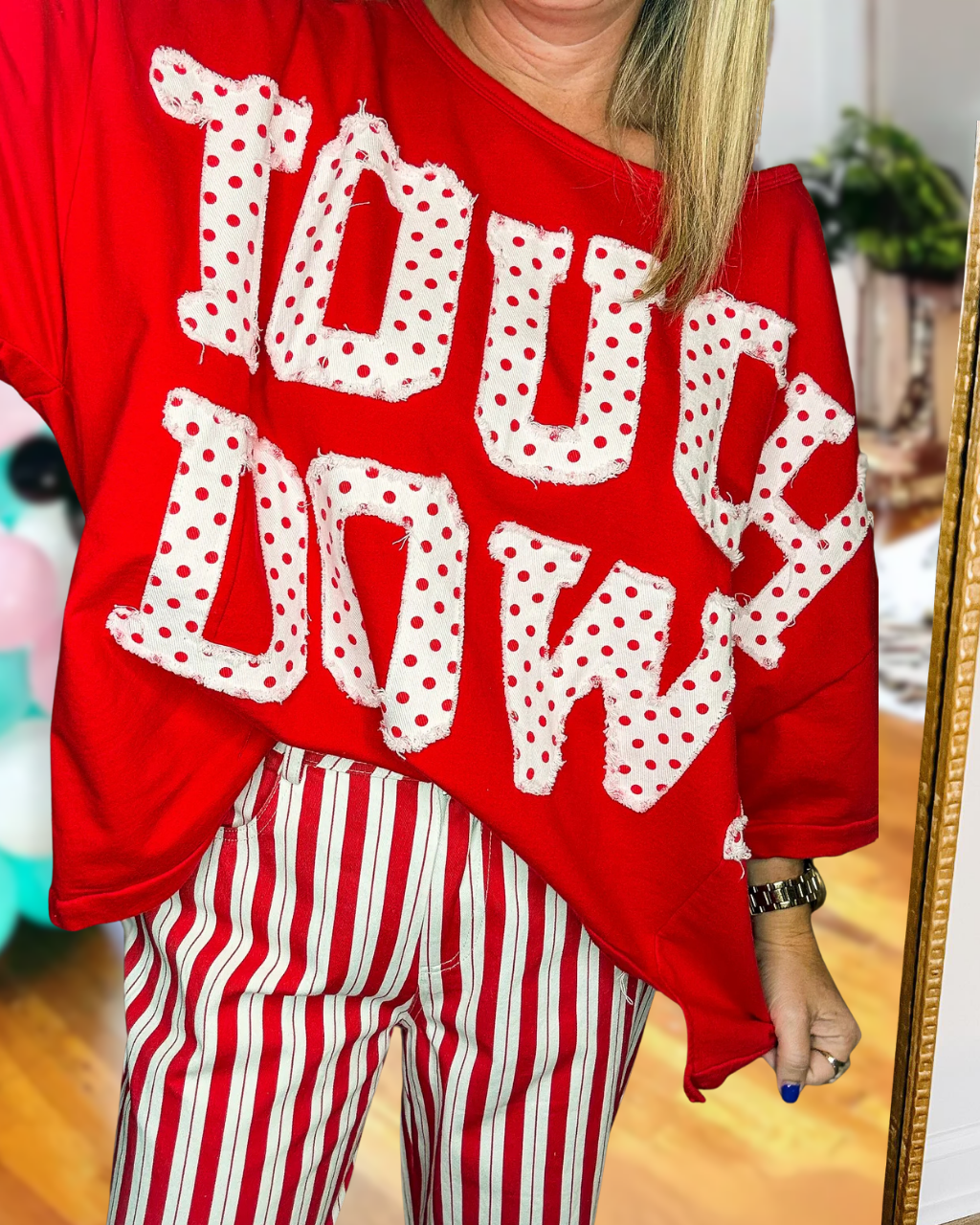 TOUCHDOWN Embroidery Polka Dot Gameday Top