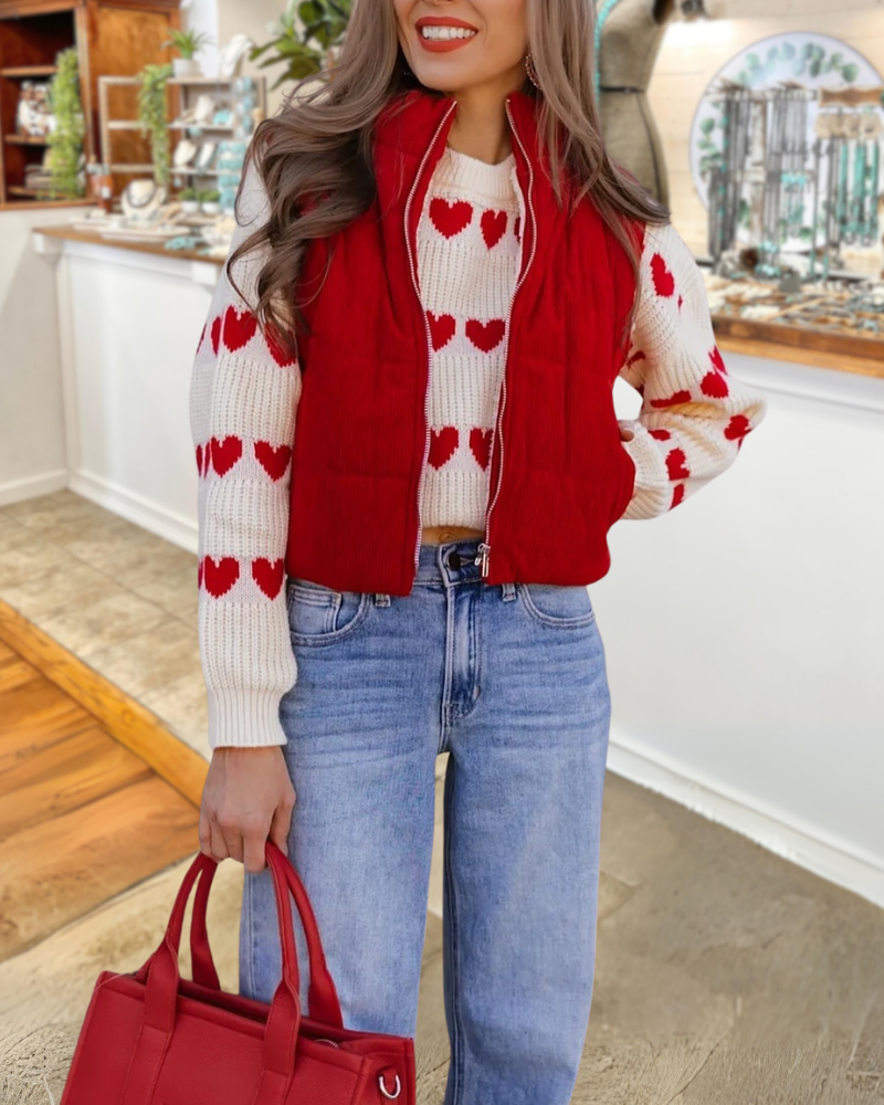 Heart-Shaped Ribbed Crewneck Sweater