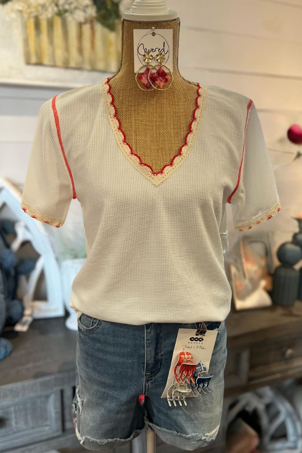 Red Lace Waffle Top