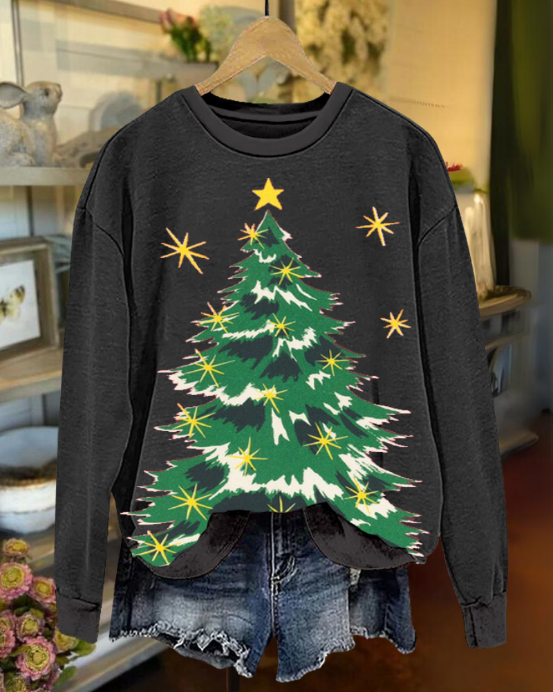 Chic Christmas Tree Print Sweatshirt