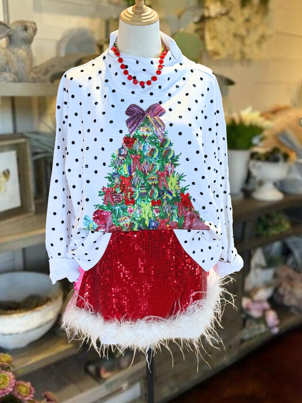 Sequin Christmas Tree Polka-Dot Pullover