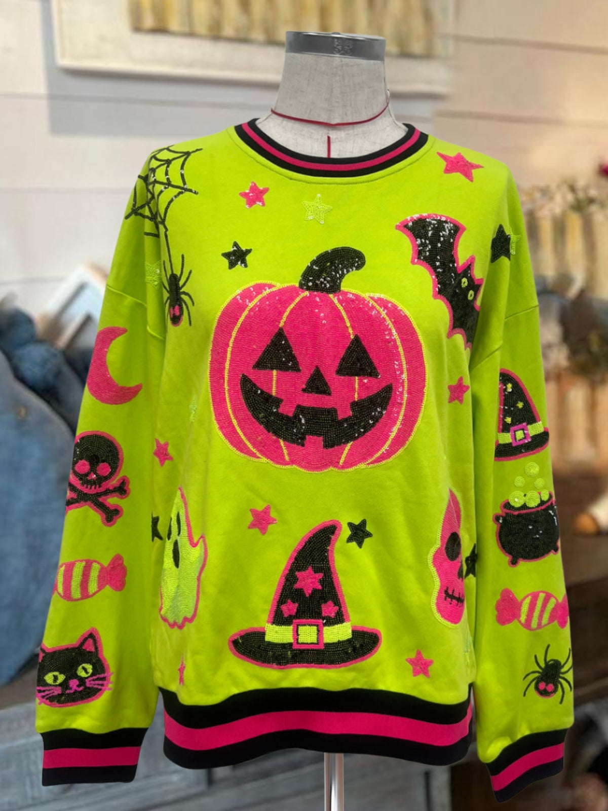Pumpkin Bat Witch Hat Halloween Pullover
