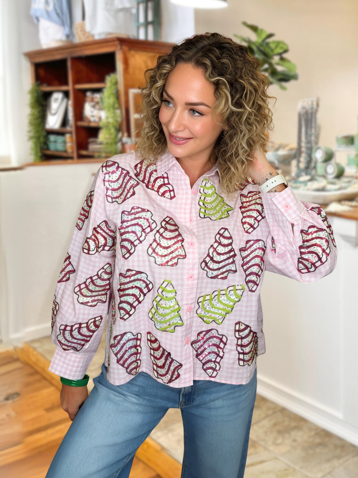 Christmas Tree Cookie Plaid Sequin Shirt
