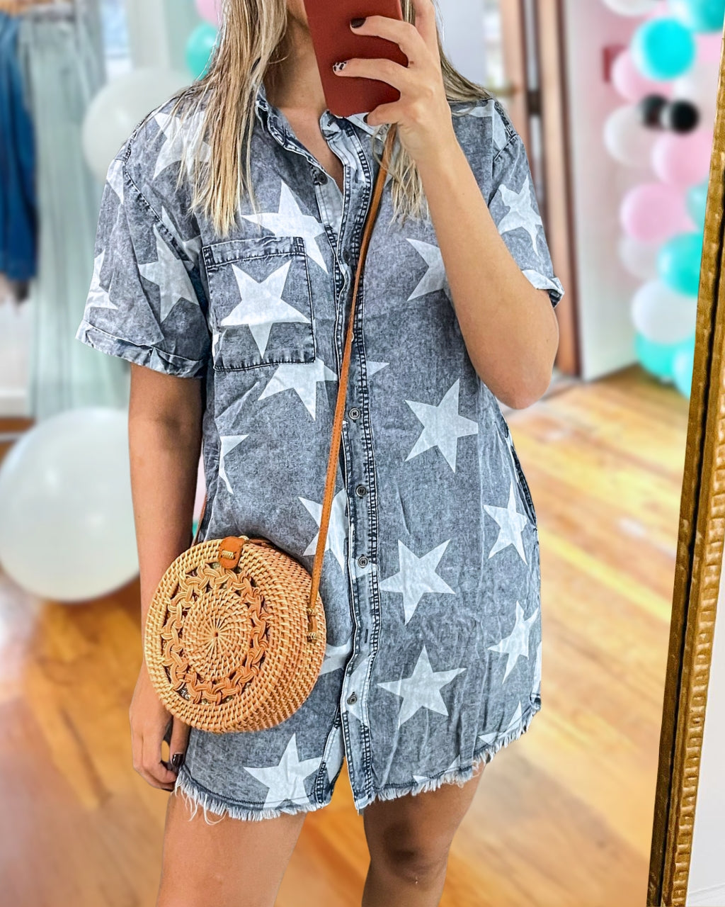 Star-Patterned Denim Shirt Dress
