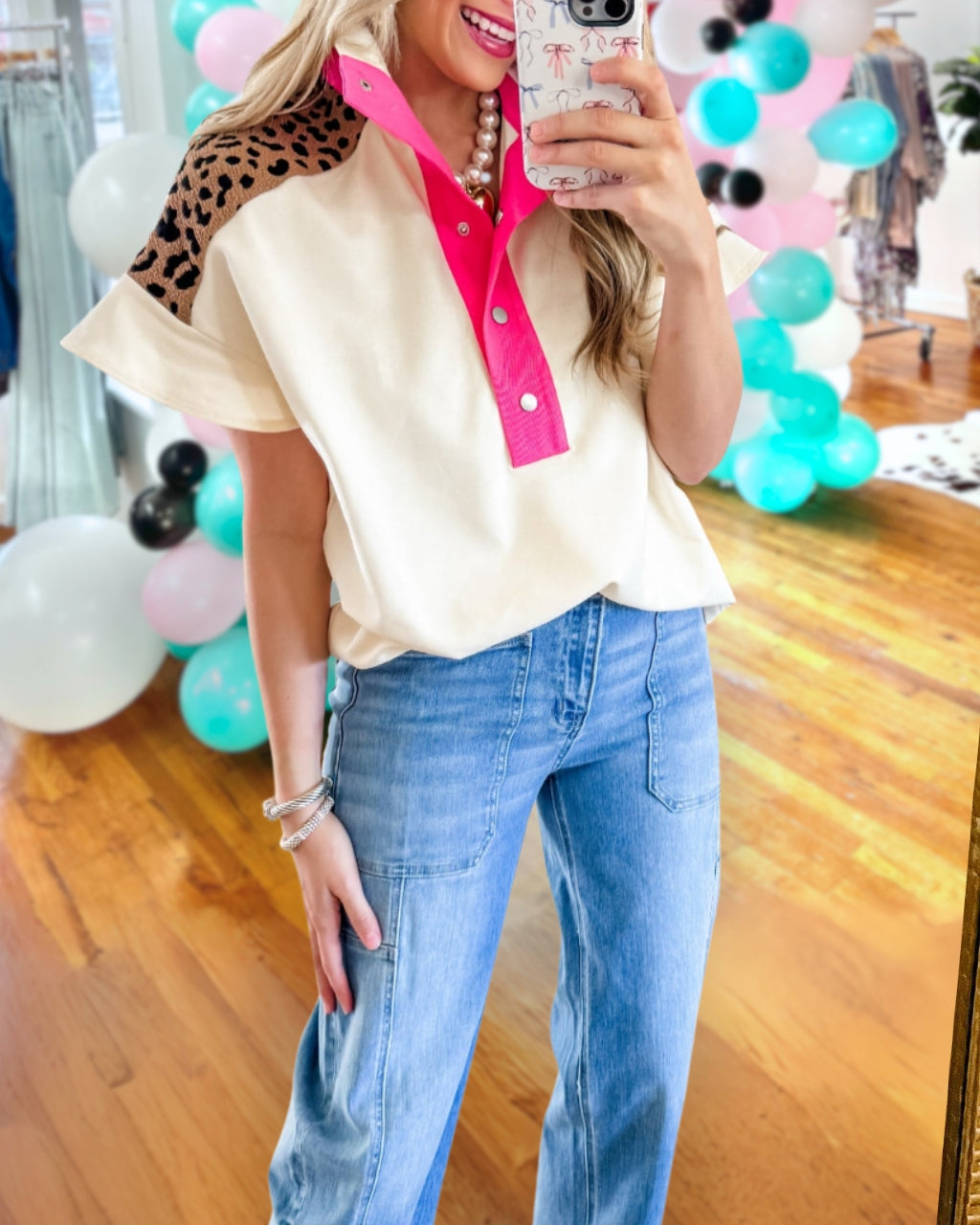 Patchwork Leopard Print Polo Top