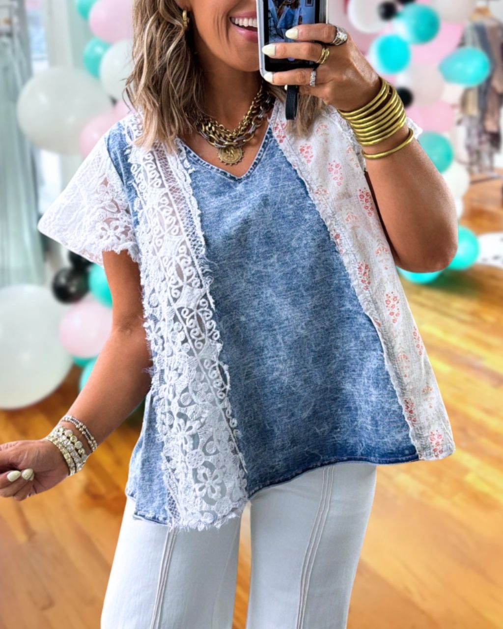Lace Floral Patchwork Denim top
