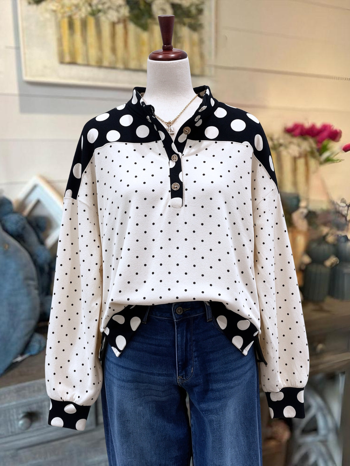 Polka-Dot Patchwork Long-Sleeve Top